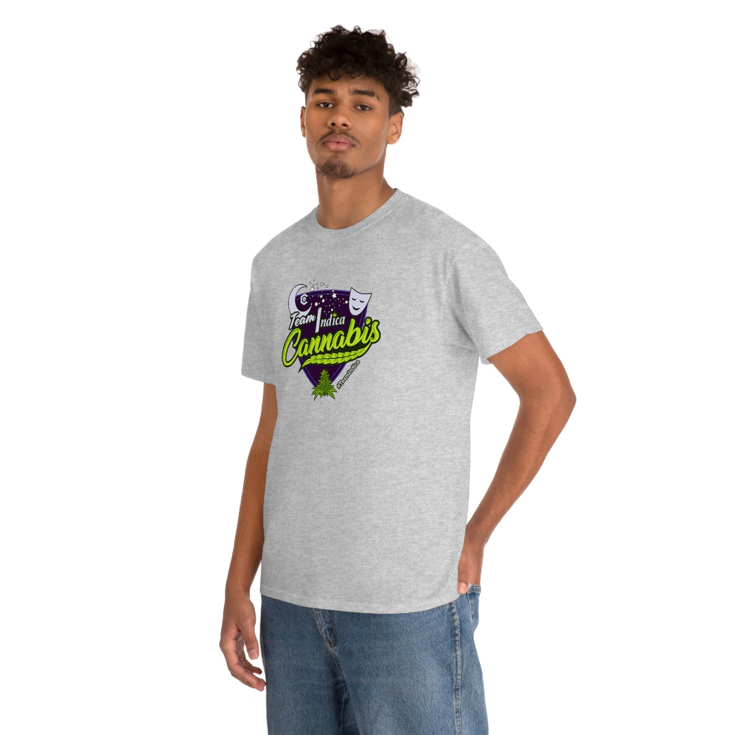 a man wearing a Team Indica Cannabis T-Shirt.