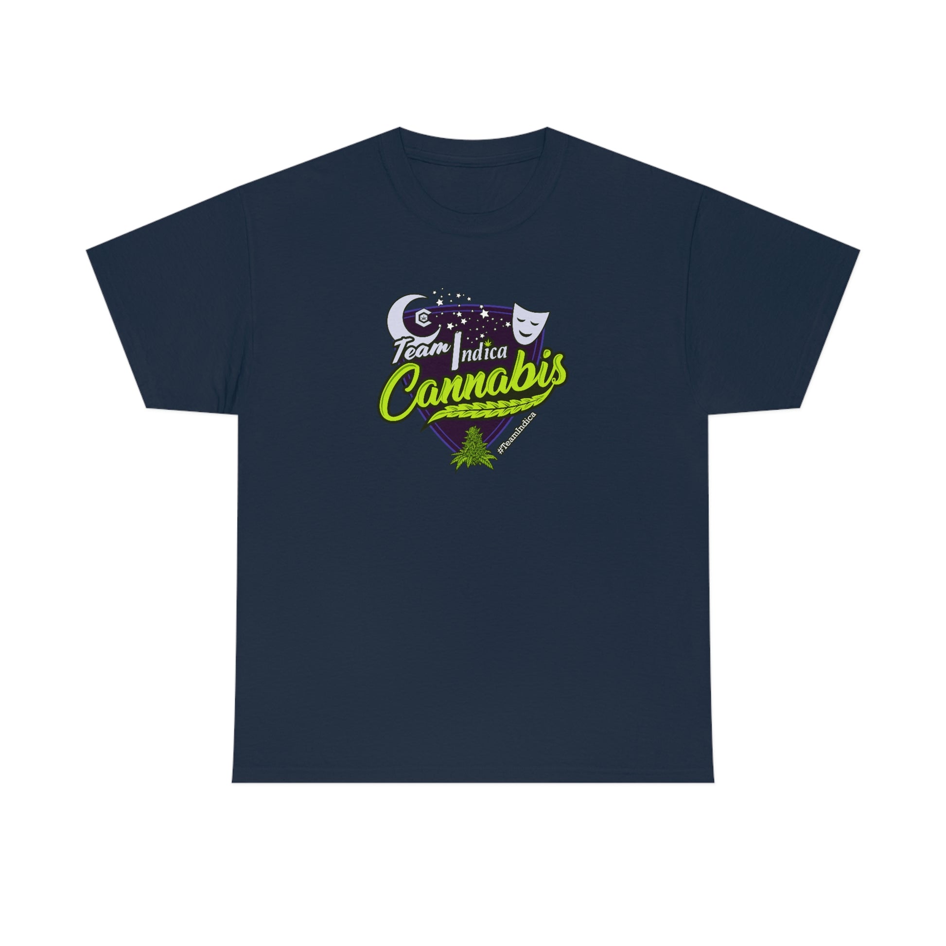 a navy Team Indica Cannabis T-Shirt with the word cannabis on it.