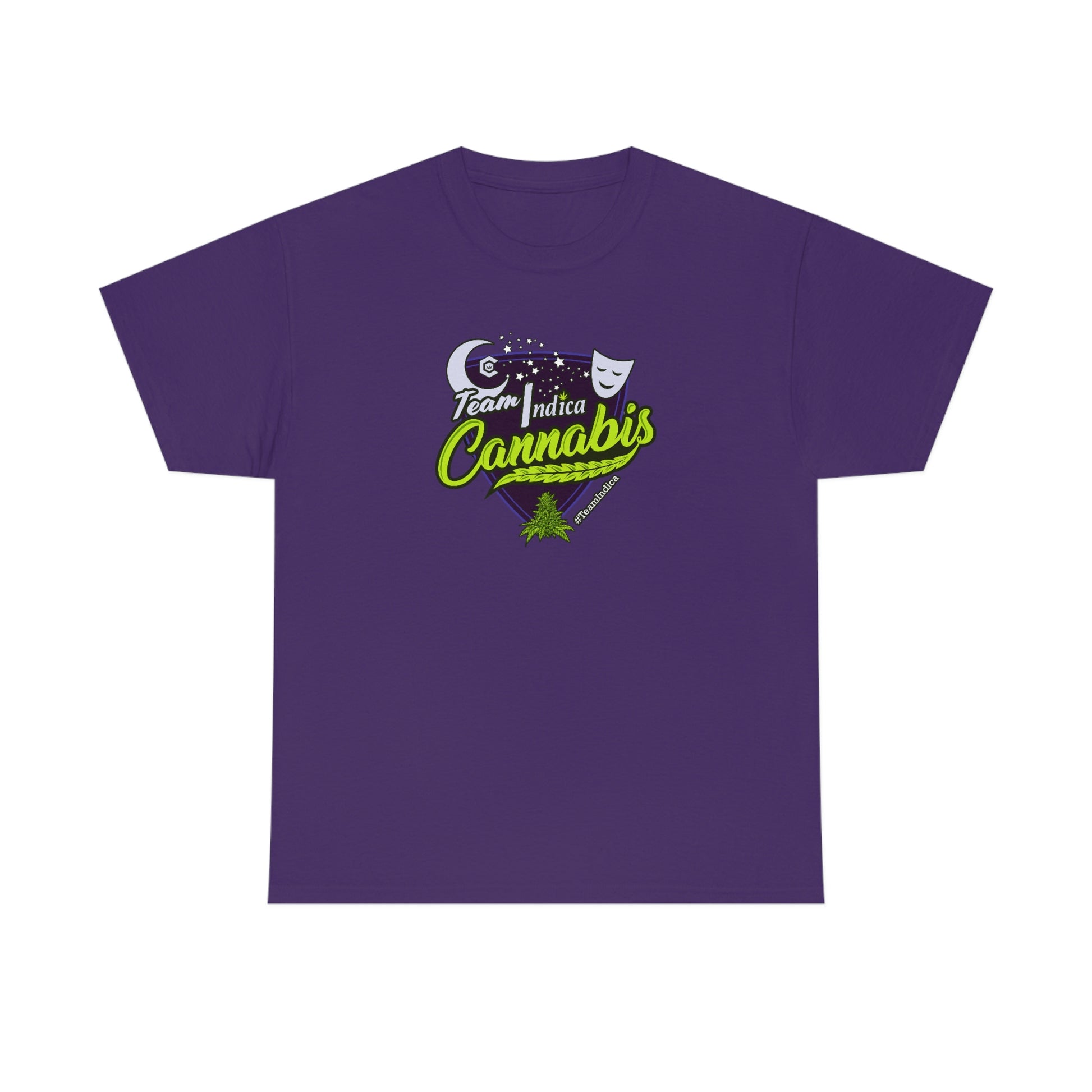 a purple Team Indica Cannabis T-Shirt with the word 'cannabis' on it.