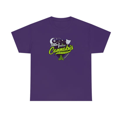 a purple Team Indica Cannabis T-Shirt with the word 'cannabis' on it.