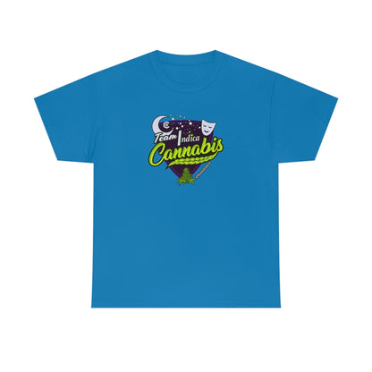 a blue Team Indica Cannabis T-Shirt with the word cannabis on it.