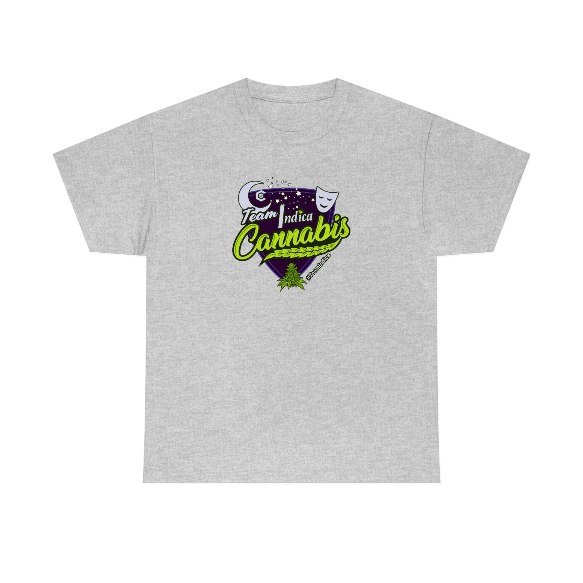 a gray Team Indica Cannabis T-Shirt with the word cannabis on it.