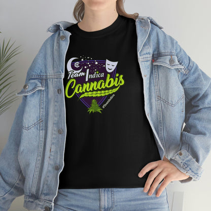 a woman wearing a Team Indica Cannabis T-Shirt with a moon and stars on it.