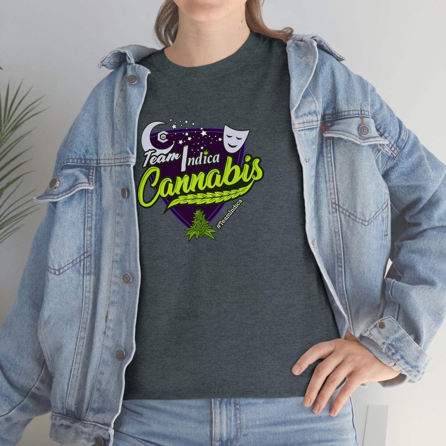 a woman wearing jeans and a Team Indica Cannabis T-Shirt with the words i love cannabis.