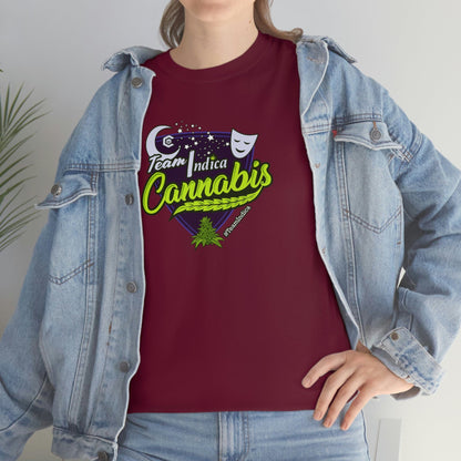 a woman wearing a Team Indica Cannabis T-Shirt and jeans.