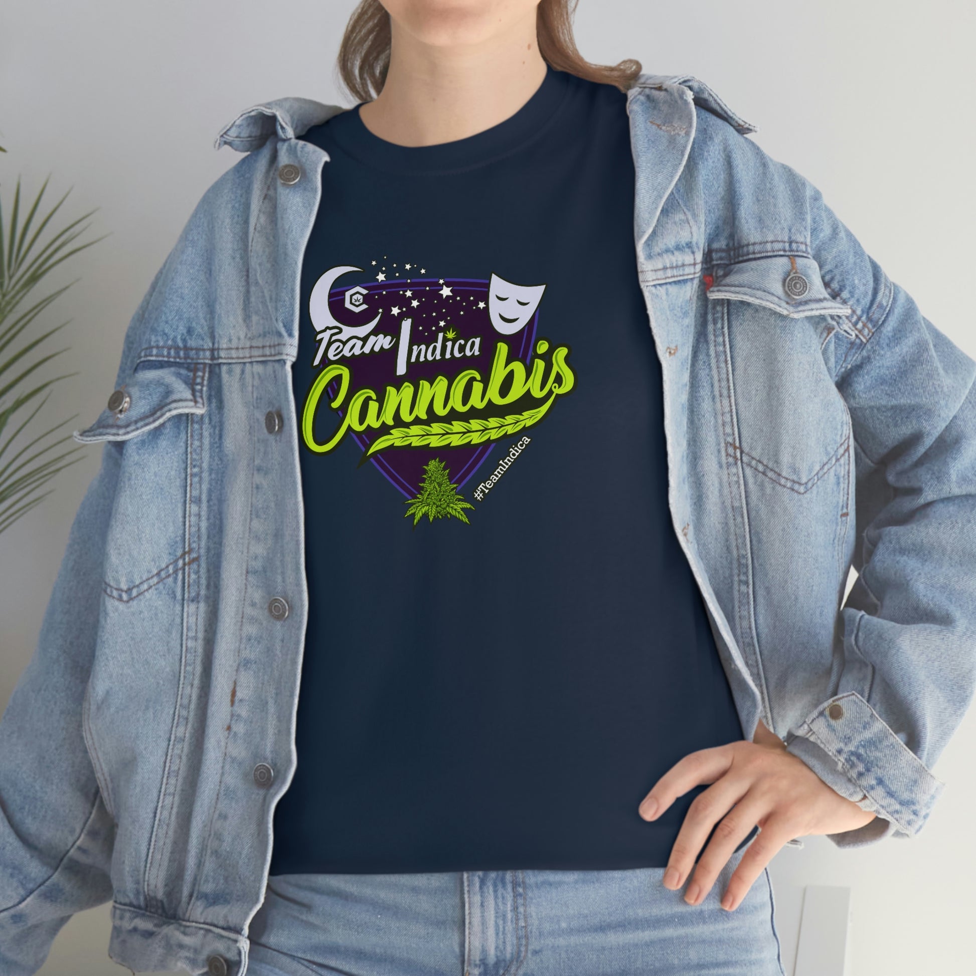 a woman wearing a denim jacket and a Team Indica Cannabis T-Shirt