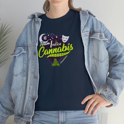 a woman wearing a denim jacket and a Team Indica Cannabis T-Shirt