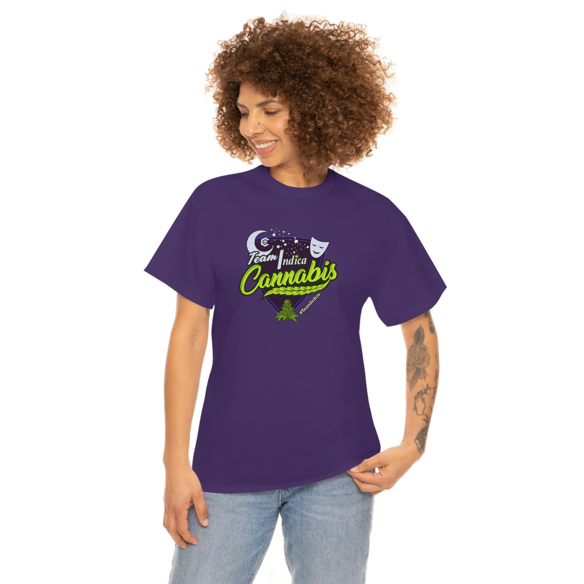 a woman wearing a Team Indica Cannabis T-Shirt.