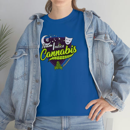 a woman wearing jeans and a Team Indica Cannabis T-Shirt.