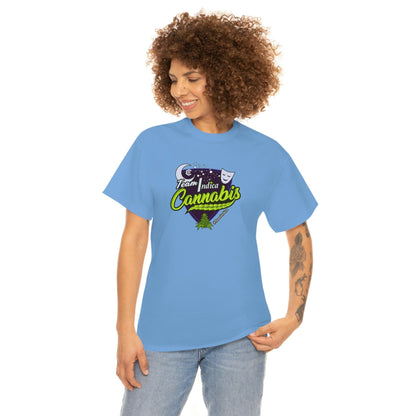 a woman wearing a light blue Team Indica Cannabis T-Shirt with the word california on it.