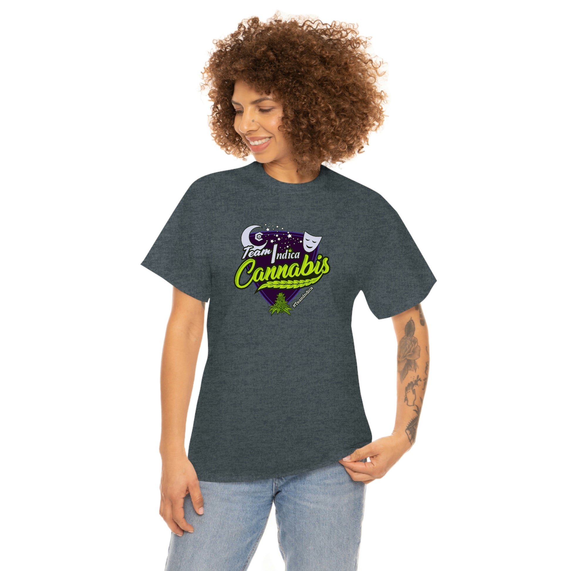 a woman wearing a Team Indica Cannabis T-Shirt with the word canadians on it.