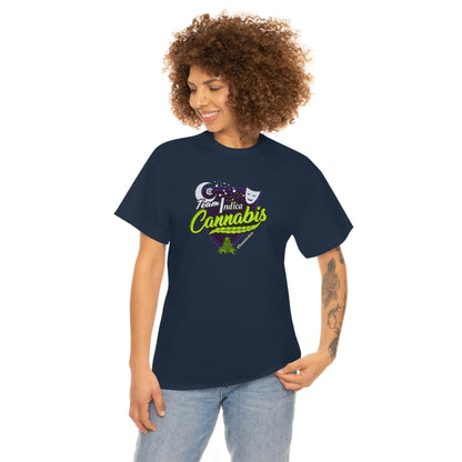 a woman wearing a navy Team Indica Cannabis T-Shirt.