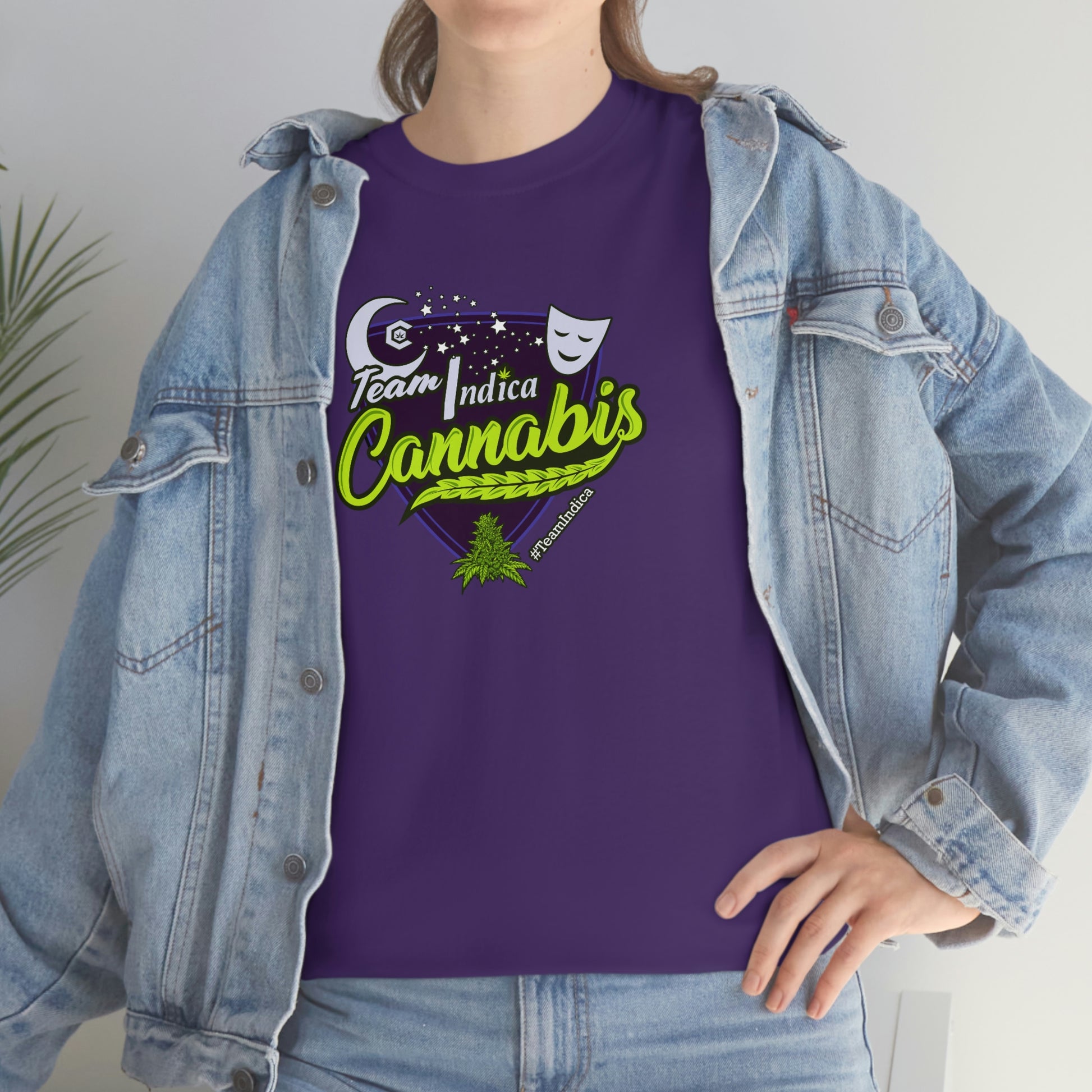 a woman wearing a Team Indica Cannabis T-Shirt with the words i love cannabis.