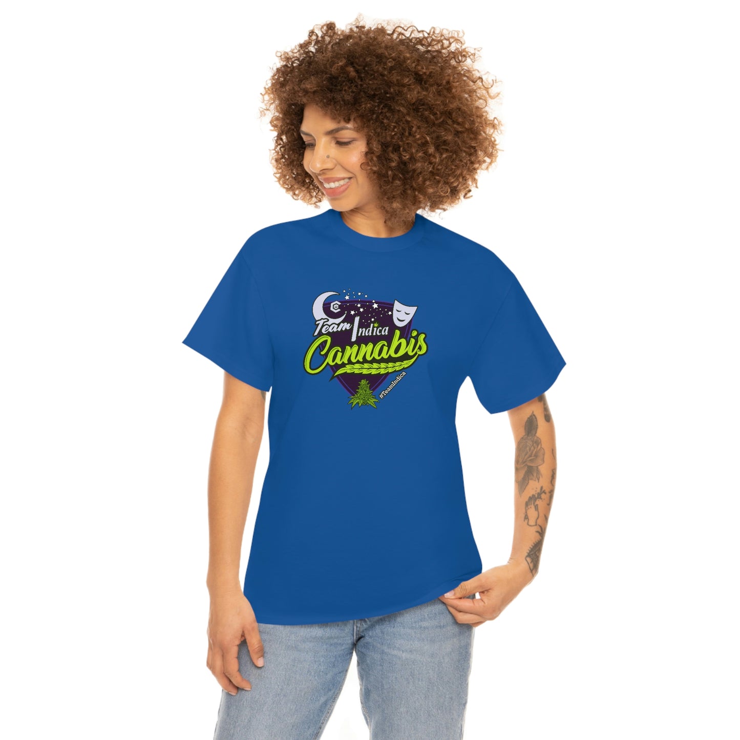a woman wearing a blue Team Indica Cannabis T-Shirt with the word 'canadians' on it.