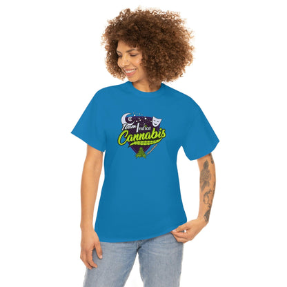 a woman wearing a Team Indica Cannabis T-Shirt with the word california on it.