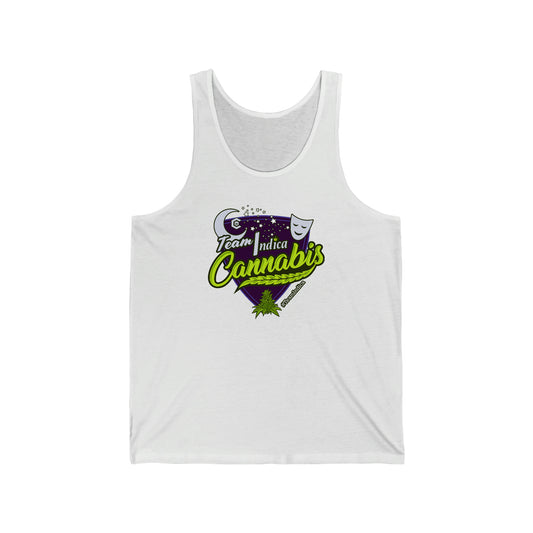 a white Team Indica Cannabis Jersey Tank with the word cannabis on it.