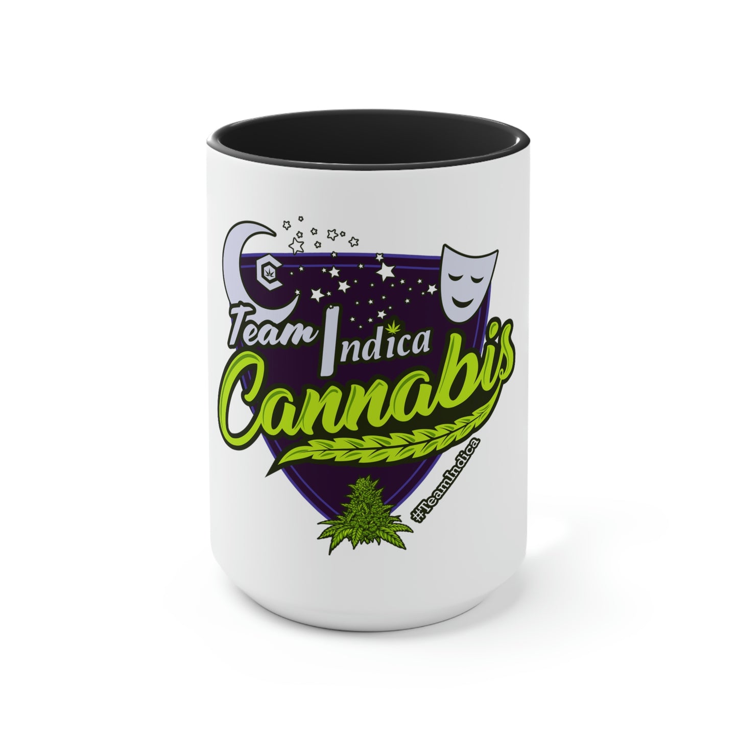 A Team Indica Cannabis Mug with the words 'team judica cannabis' on it.