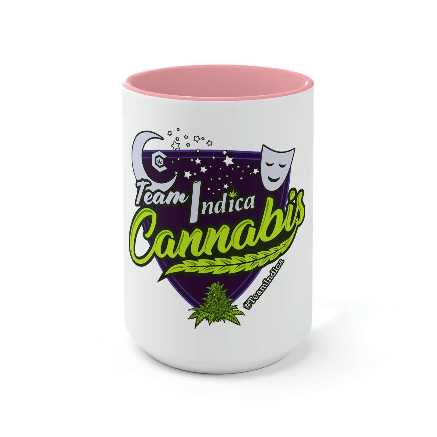 a Team Indica Cannabis Mug with the words 'team judica cannabis' on it.