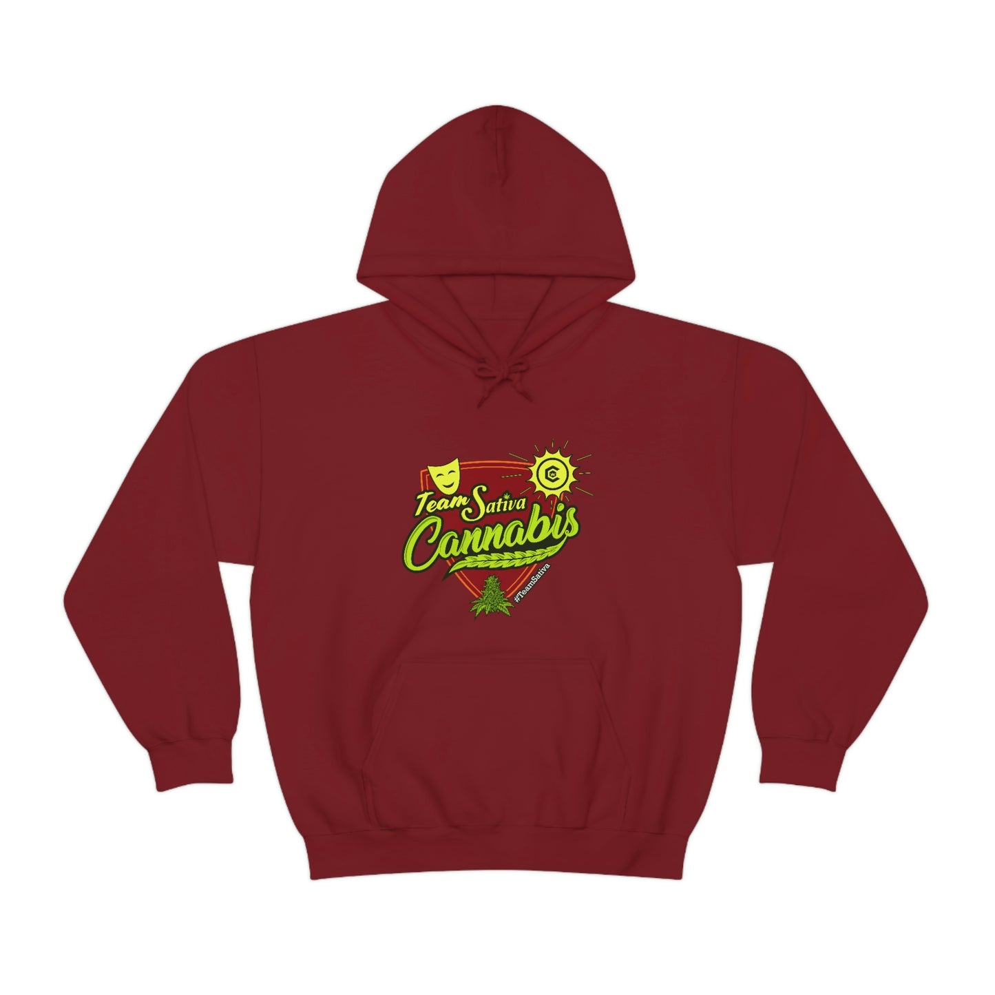 a maroon hoodie with the word 'Team Sativa Stoner Sweatshirt' on it.