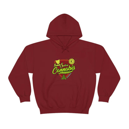 a maroon hoodie with the word 'Team Sativa Stoner Sweatshirt' on it.