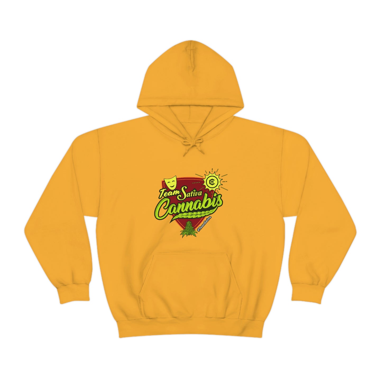 A yellow hooded sweatshirt with the word Team Sativa Stoner Sweatshirt on it.