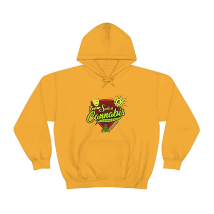 A yellow hooded sweatshirt with the word Team Sativa Stoner Sweatshirt on it.