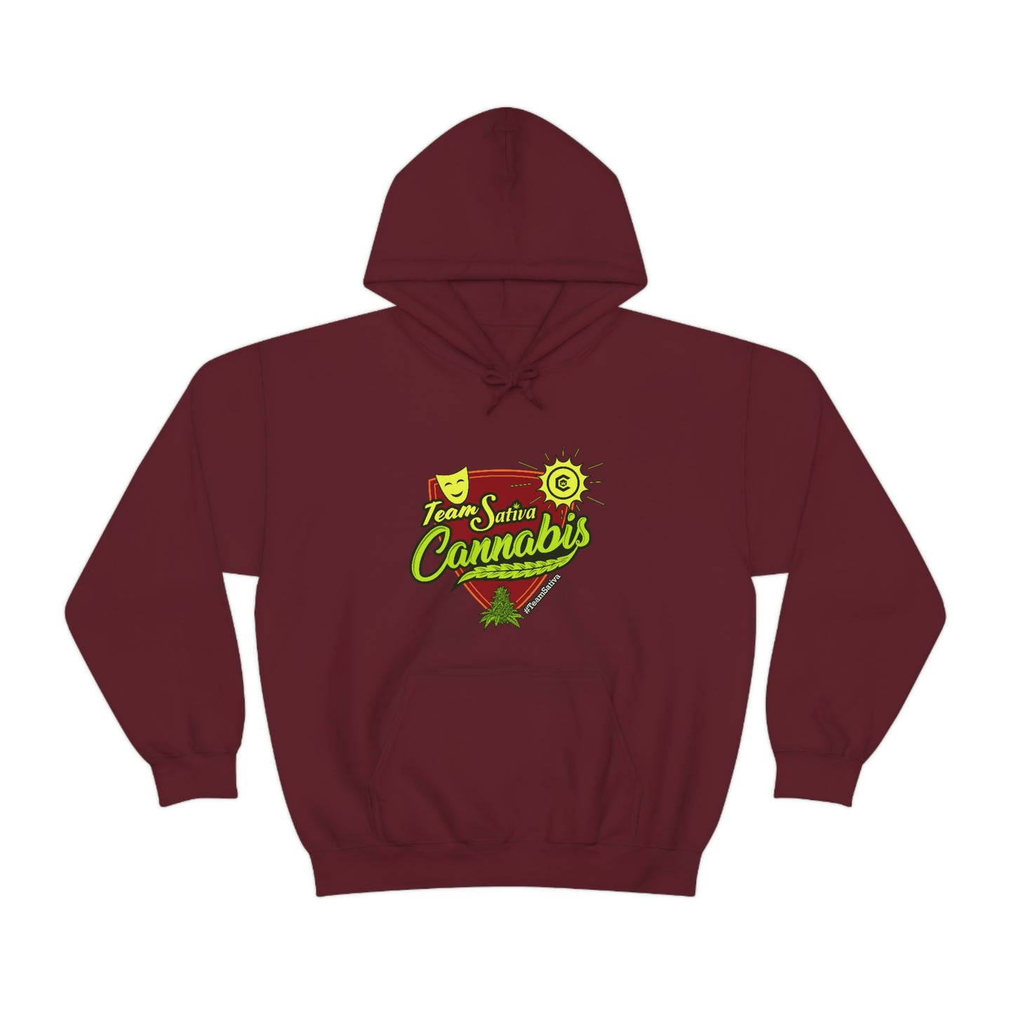 a maroon hoodie with the word "Team Sativa Stoner Sweatshirt" on it.