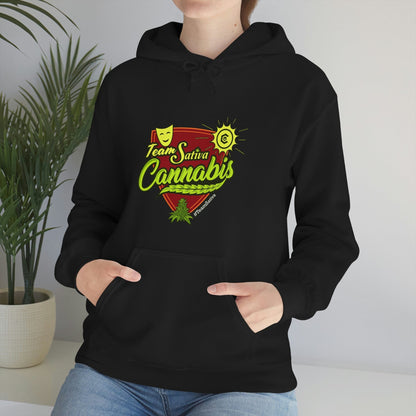 a woman wearing a black hoodie with the words "Team Sativa Stoner Sweatshirt" on it.