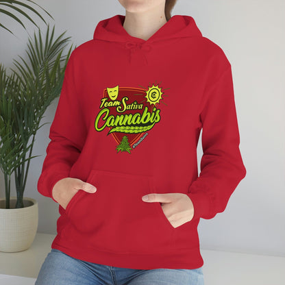 a woman wearing a red Team Sativa Stoner Sweatshirt with the word cannabis on it.