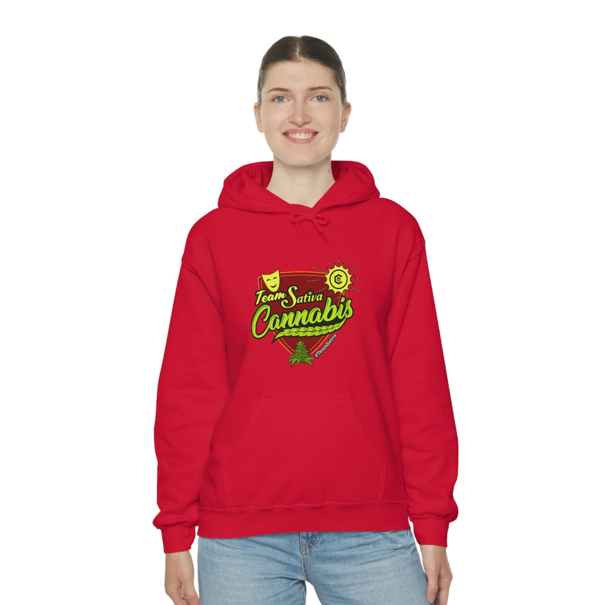 A woman wearing a red hooded Team Sativa Stoner Sweatshirt with the word cannabis on it.
