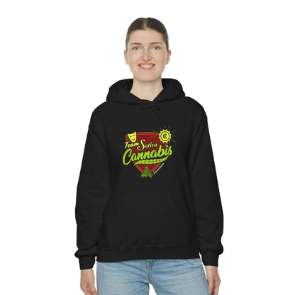 a woman wearing a black hoodie with the words "Team Sativa Stoner Sweatshirt" on it.