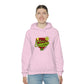a woman wearing a pink hooded Team Sativa Stoner Sweatshirt with the word 'grandma' on it.