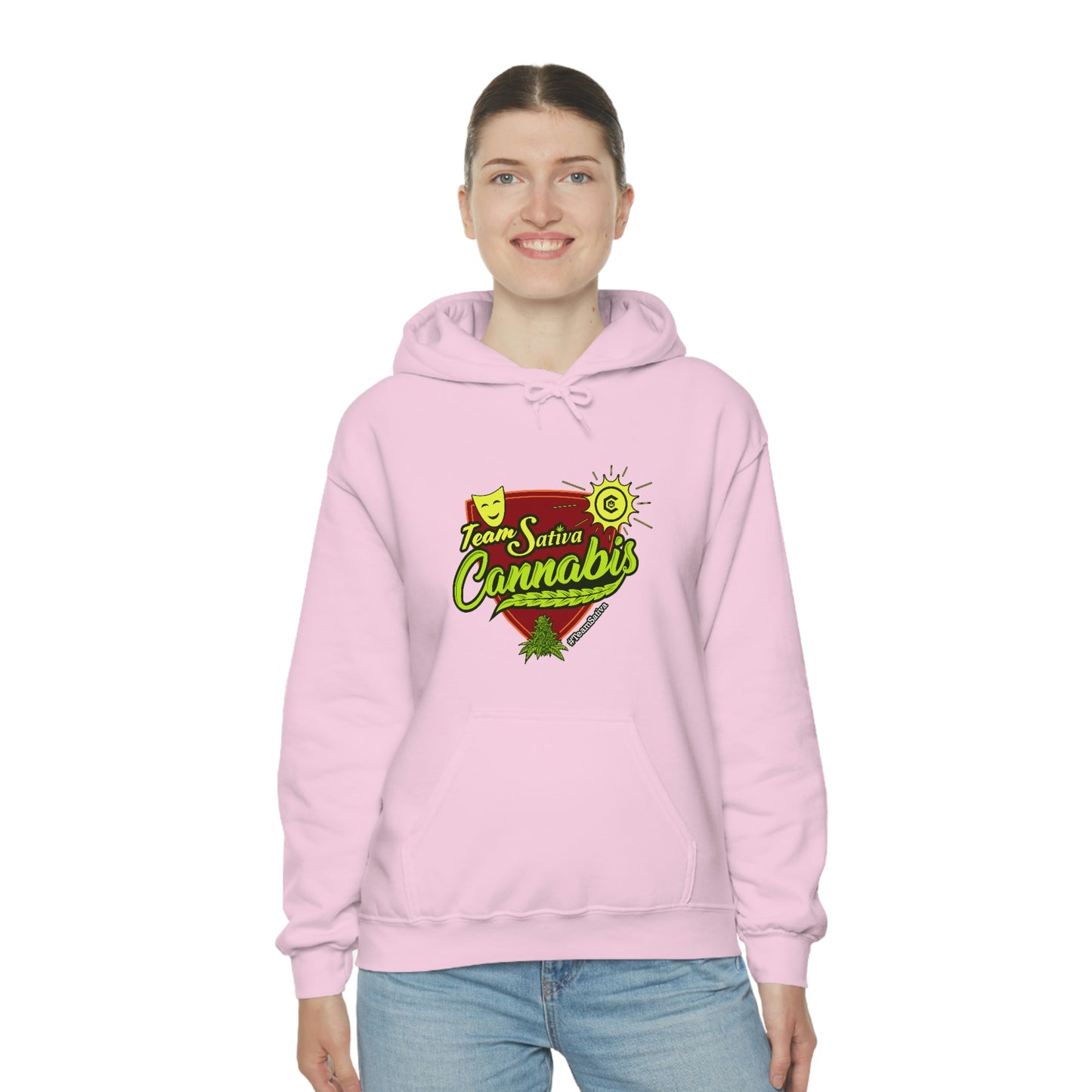 a woman wearing a pink hooded Team Sativa Stoner Sweatshirt with the word 'grandma' on it.