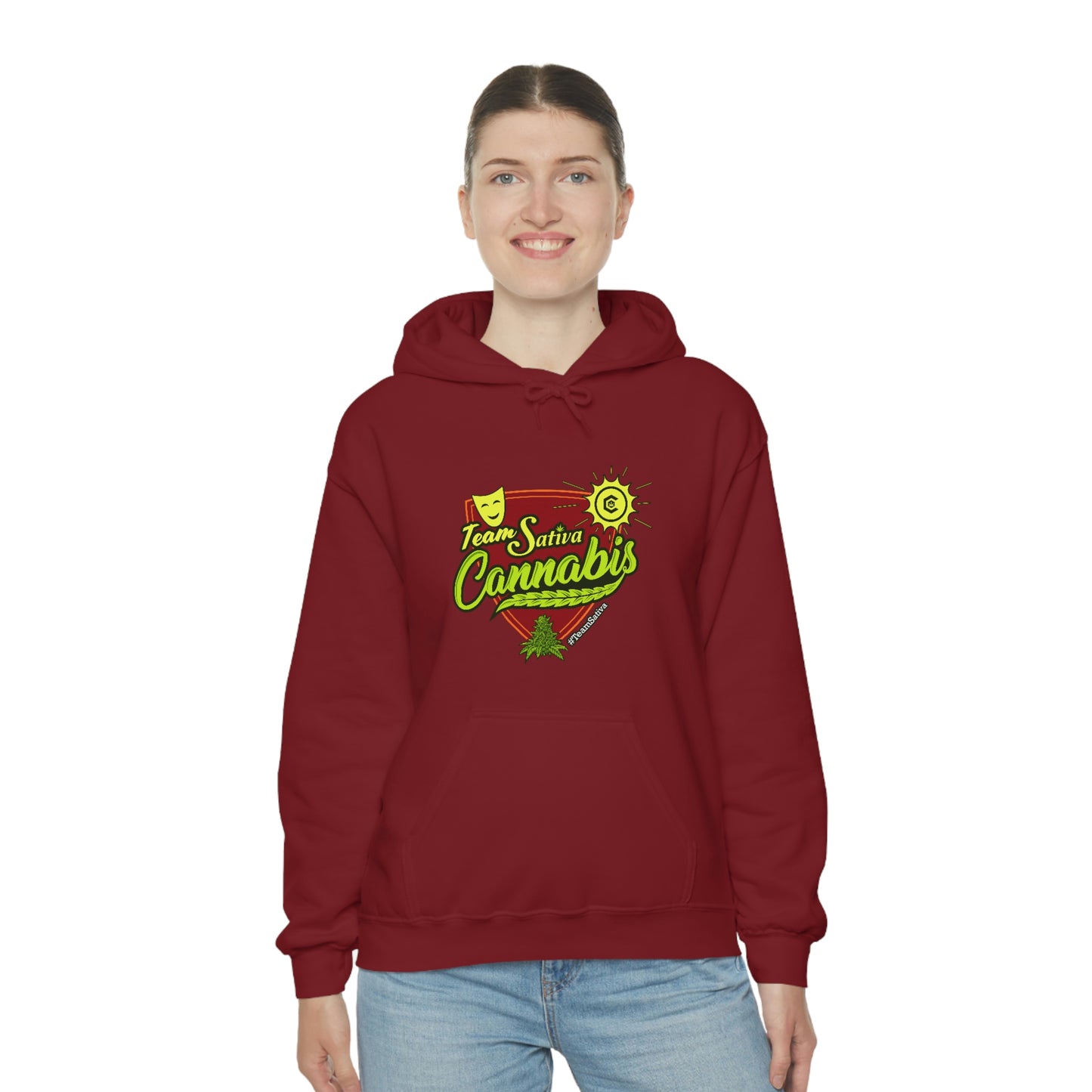 a woman wearing a red hoodie with the Team Sativa Stoner Sweatshirt on it.