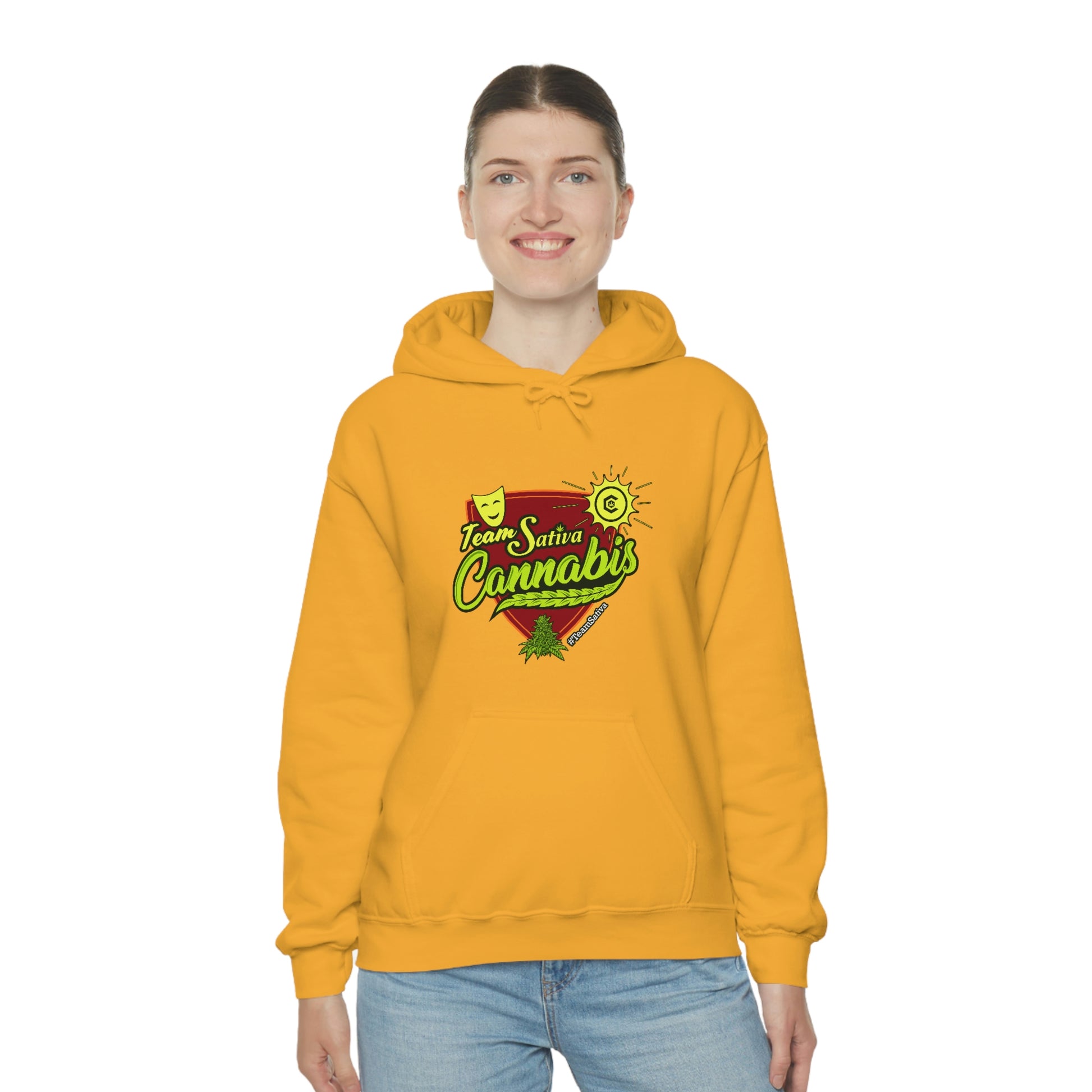 a woman wearing a yellow Team Sativa Stoner Sweatshirt with the word grandma on it.