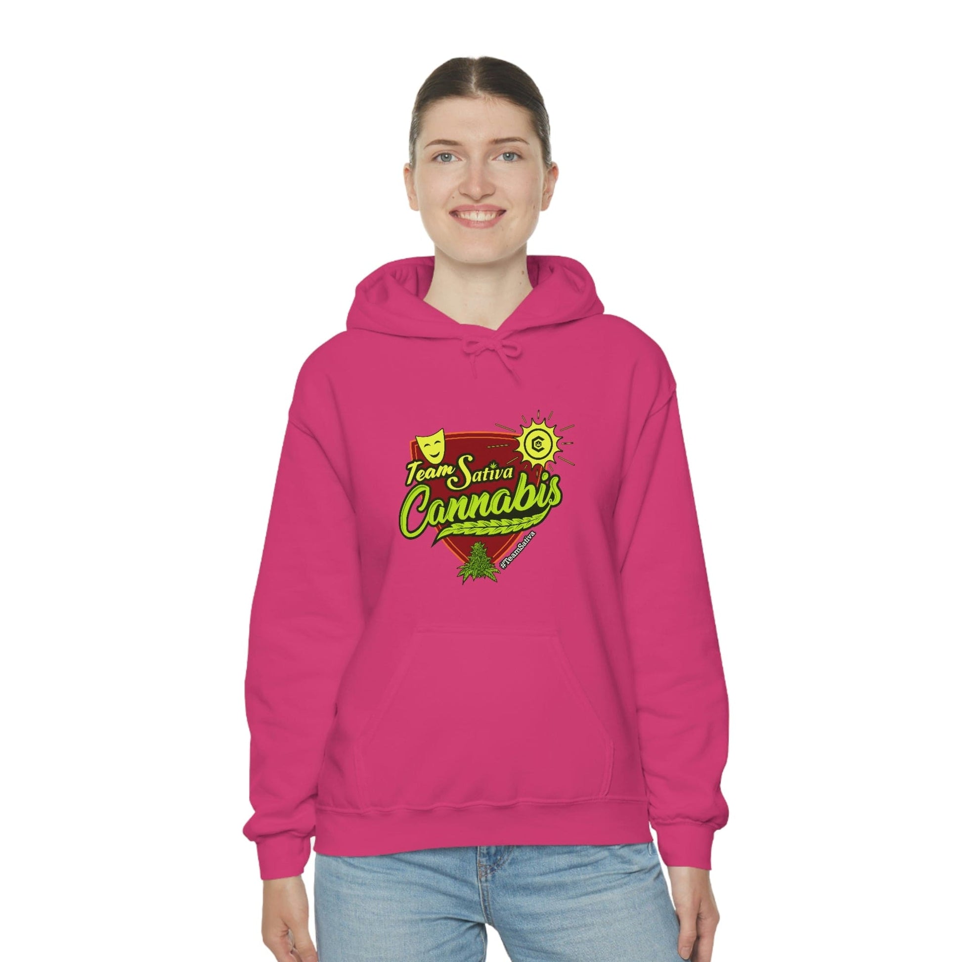 pothead sweatshirt Team Sativa Cannabis Stoner Hoodie: Uplifting Vibes Heliconia / L