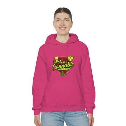 a woman wearing a pink hoodie with the words "Team Sativa Stoner Sweatshirt" on it.