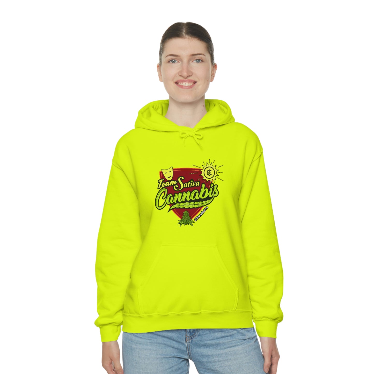 a woman wearing a neon yellow Team Sativa Stoner Sweatshirt with the word grandma on it.