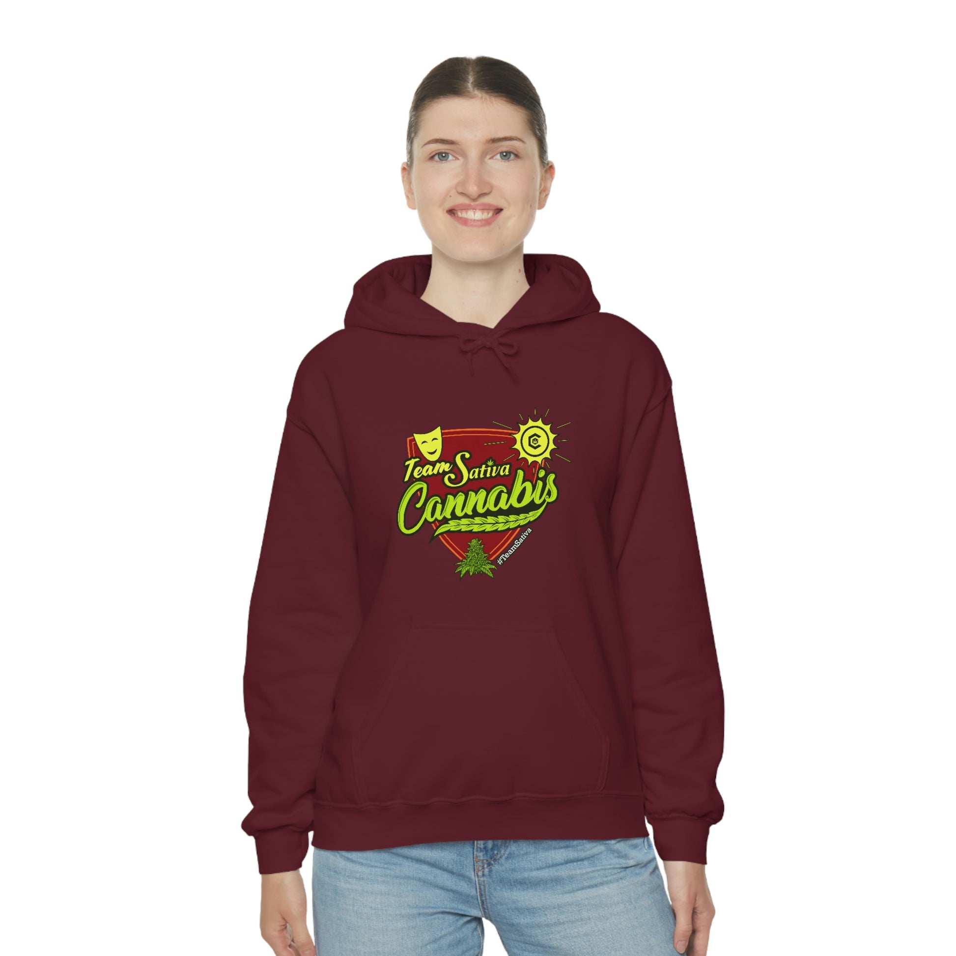 a woman wearing a maroon hoodie with the name "Team Sativa Stoner" on it.