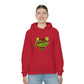 a woman wearing a red Team Sativa Stoner Sweatshirt with the word cannabis on it.