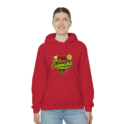 a woman wearing a red Team Sativa Stoner Sweatshirt with the word cannabis on it.