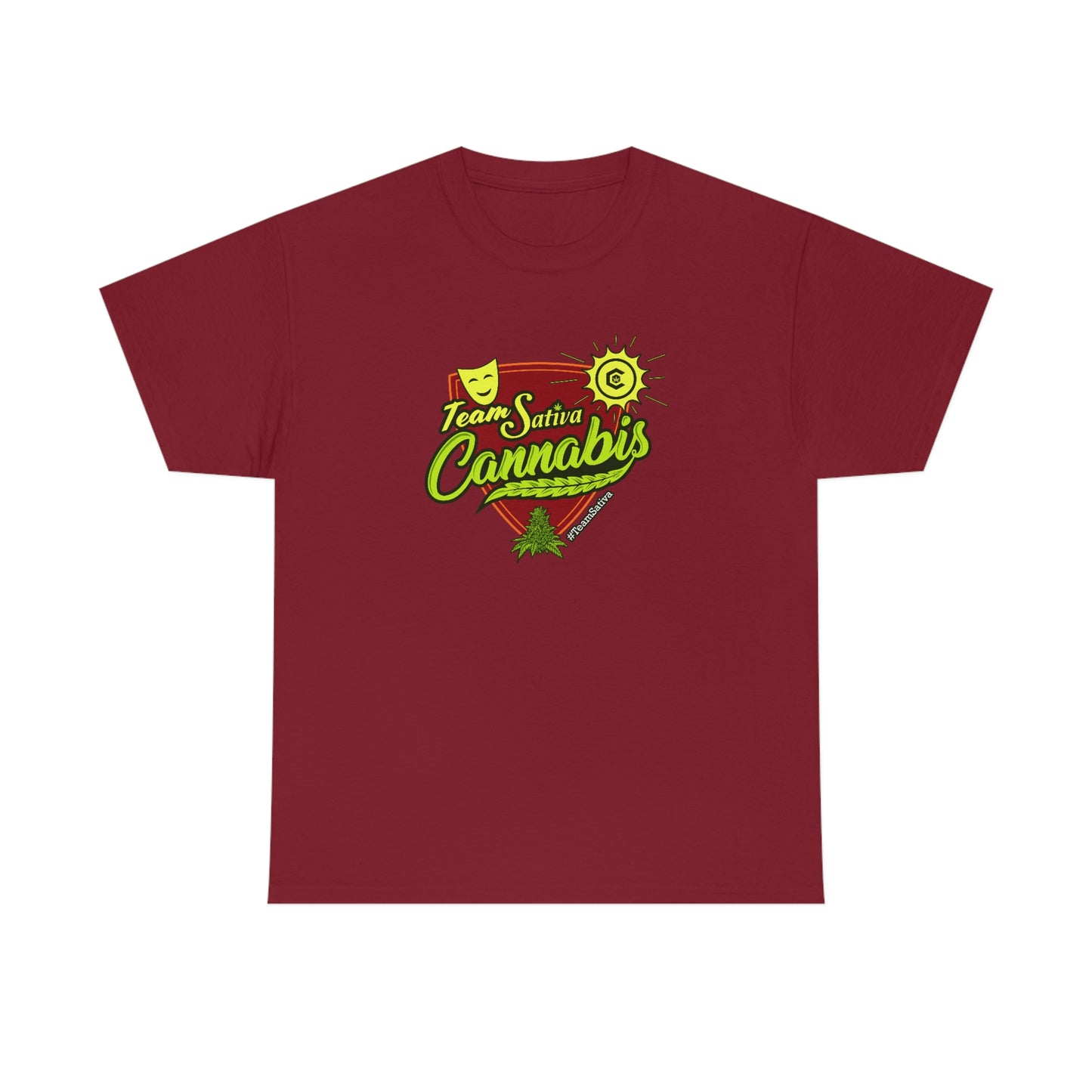 a maroon Team Cannabis Sativa Shirt with the word cannabis on it.