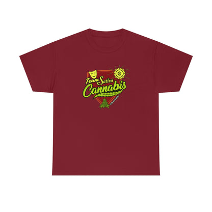 a maroon Team Cannabis Sativa Shirt with the word cannabis on it.