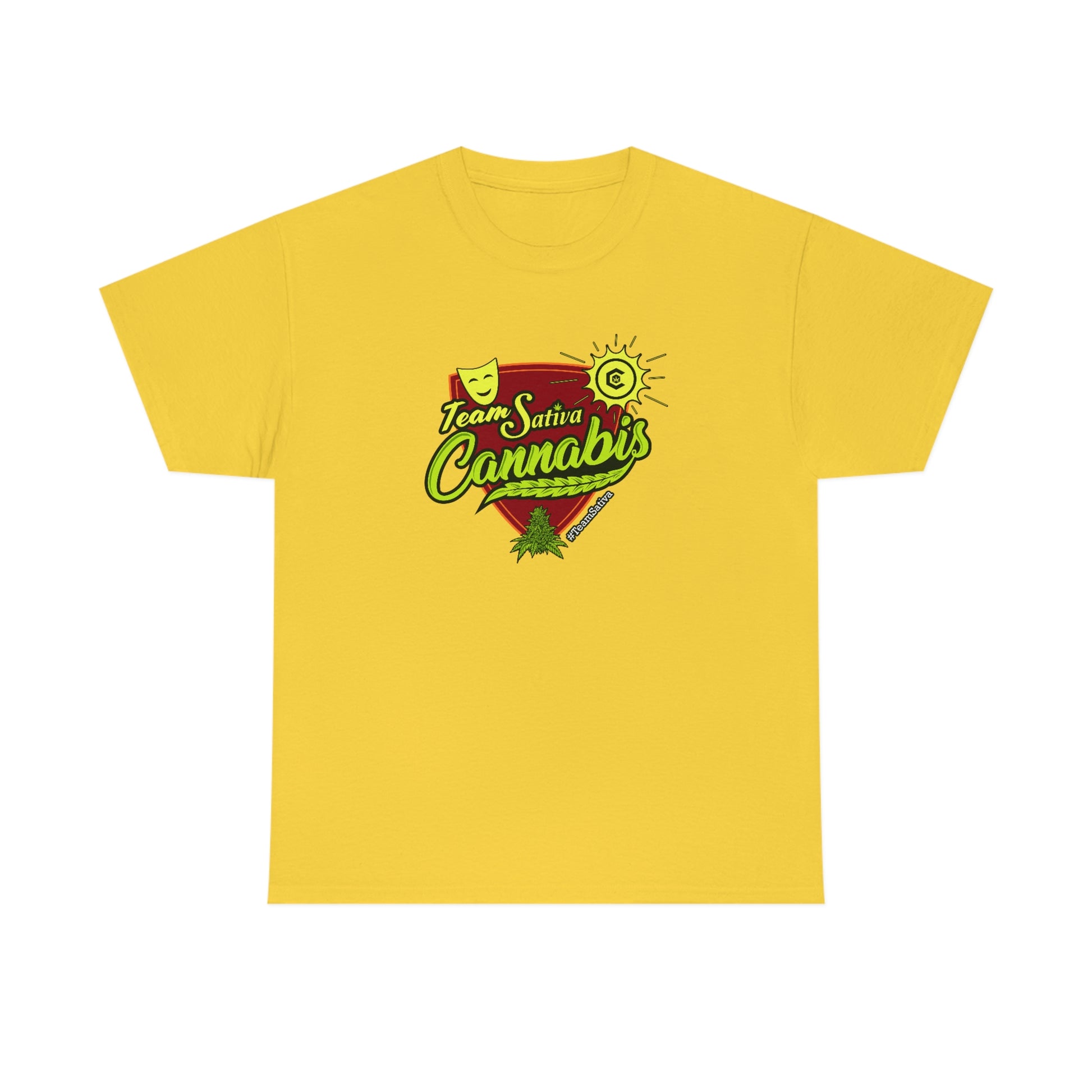a yellow Team Cannabis Sativa Shirt with the word'cannabis'on it.