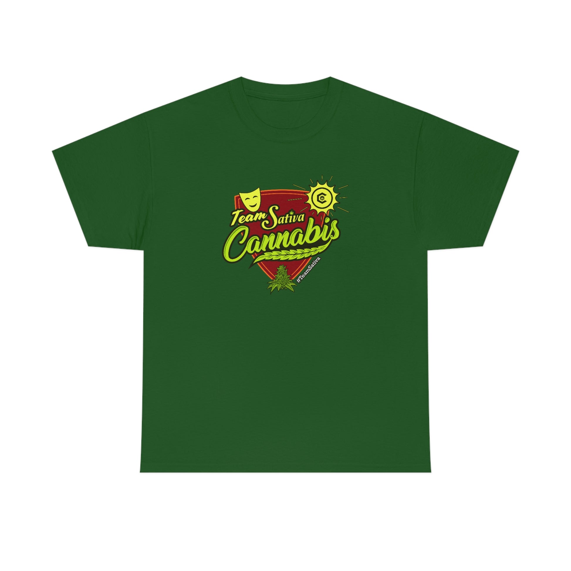 a green Team Cannabis Sativa Shirt with the word cannabis on it.