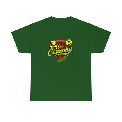 a green Team Cannabis Sativa Shirt with the word cannabis on it.