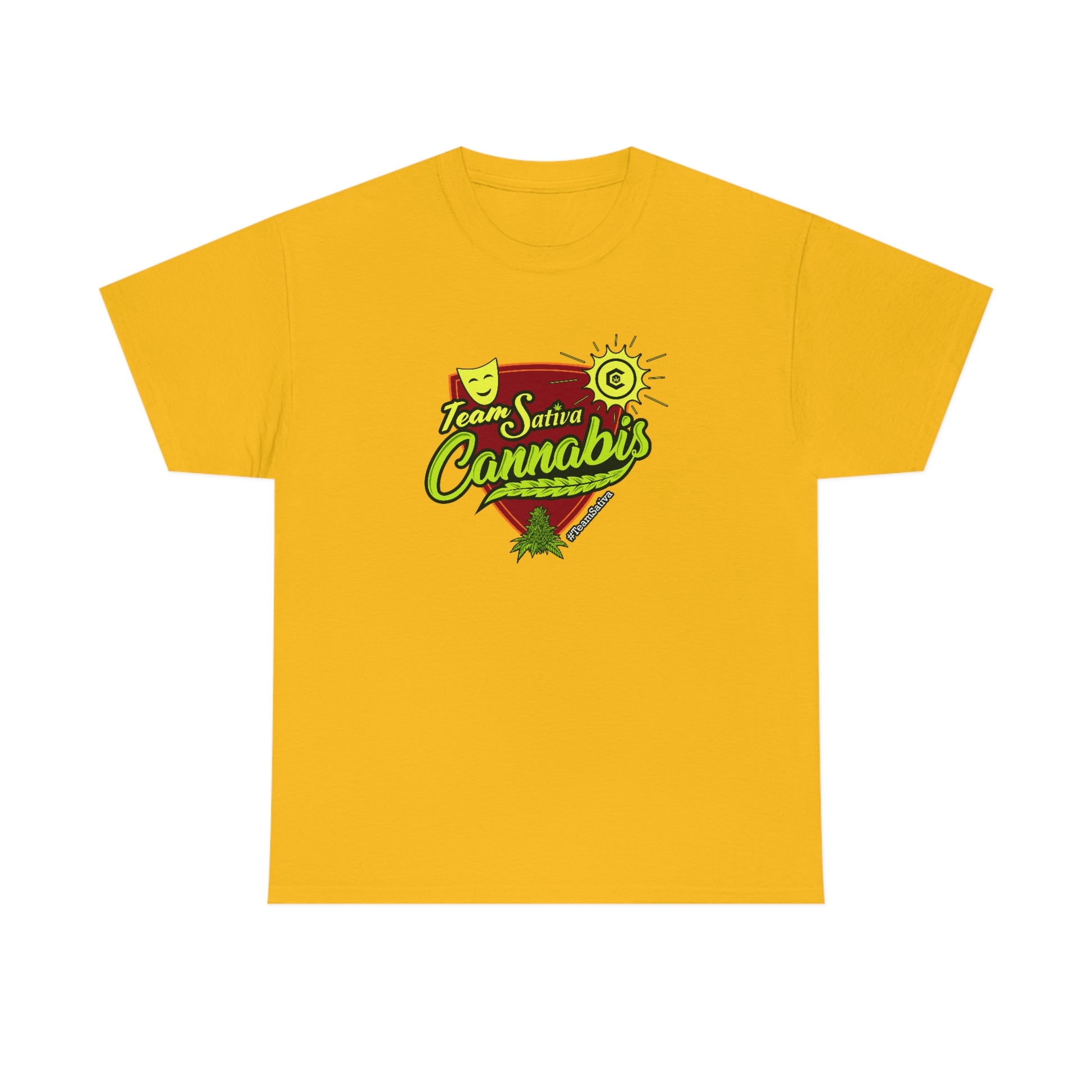 a yellow Team Cannabis Sativa Shirt with the word cannabis on it.