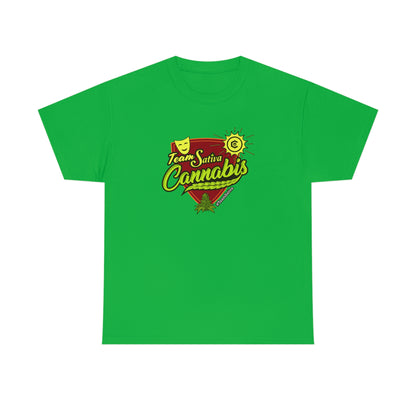 a green Team Cannabis Sativa Shirt with the word cannabis on it.