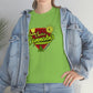 A woman wearing denim jeans and jacket is sporting a lime green Team Sativa Cannabis T-Shirt
