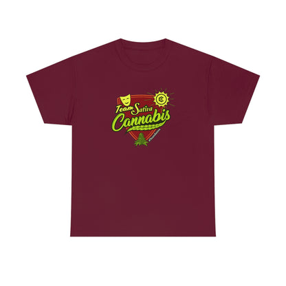 a maroon Team Cannabis Sativa Shirt with the word cannabis on it.